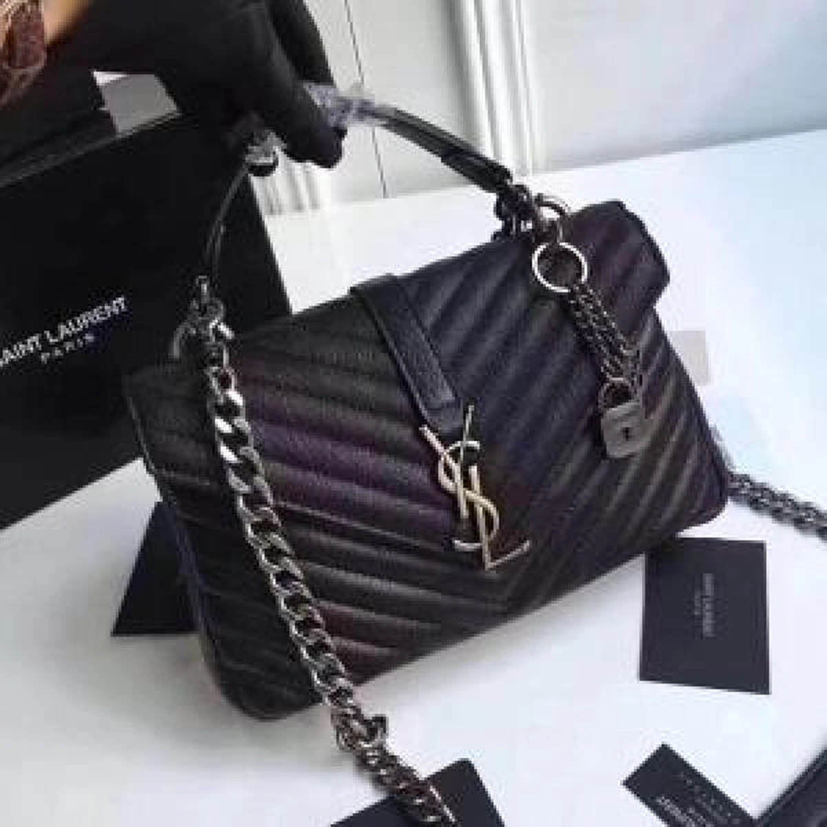 Premium Ysl Collage Shoulder Bag Black Silver Medium For Women (BOT2750) - stayhit.in