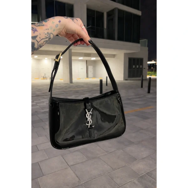 Premium Ysl Hobo Patent Leather Bag Black Silver With Og Box For Women (BT126) - stayhit.in