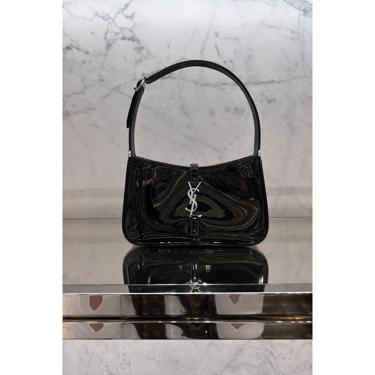 Premium Ysl Hobo Patent Leather Bag Black Silver With Og Box For Women (BT126) - stayhit.in