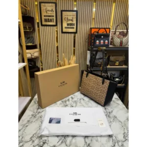 Stylish Coach City Tote Bag Apricot Black Canvas With Box For Women (SOS471) - stayhit.in