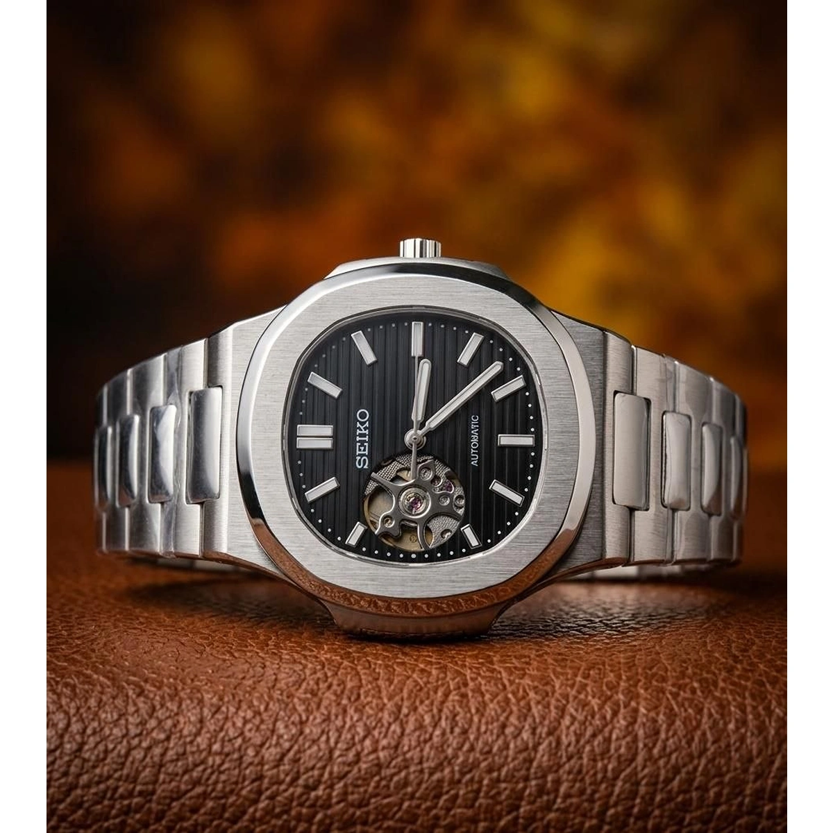 Stylish Seiko Mod Nautilus Watch Black Dial For Men (LAB799) - stayhit.in Stylish Seiko Mod Nautilus Watch Black Dial For Men (LAB799) - stayhit.in